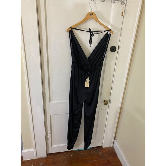 Sabora Women's Black Sheer High Slit Halter Jumpsuit - Large - Picture 2 of 14